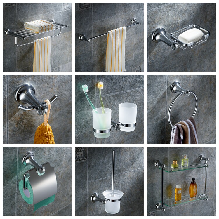 欧式卫浴室五金挂件套餐 全铜浴巾架套装毛巾杆组合银色水晶 包邮