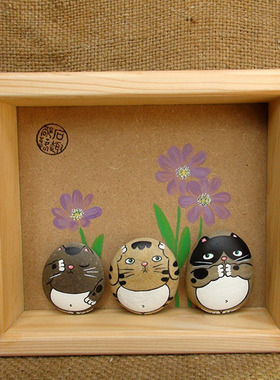 原创猫咪摆件手绘石头画