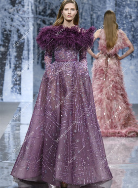 紫色秋冬新款一字肩鸵鸟毛长袖新娘敬酒服年会主持演出晚礼服定制