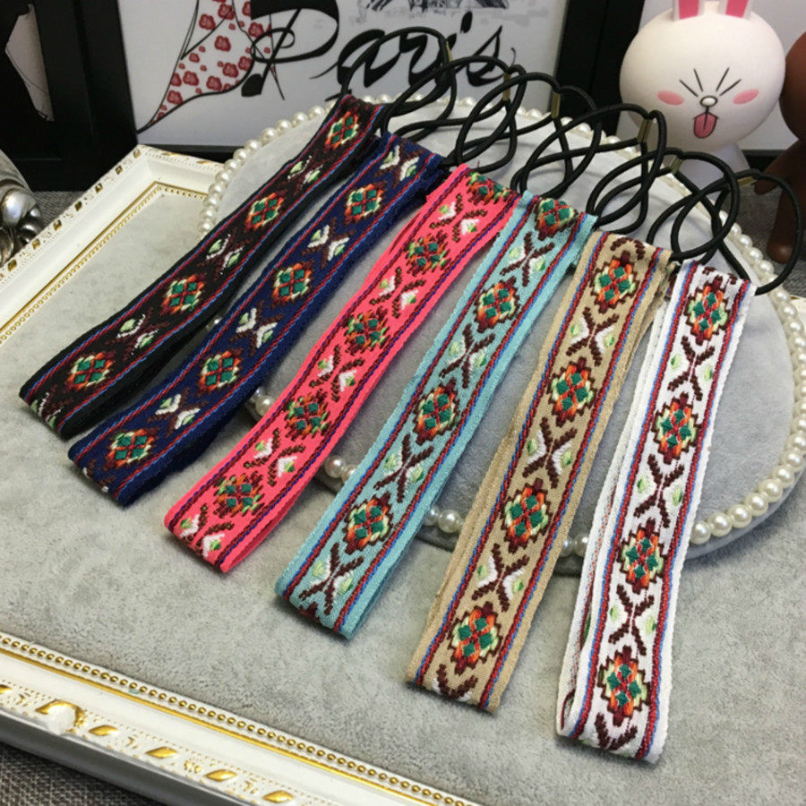 韩国原版夏季波西米亚发带欧美百搭发饰品女日本棉纱刺绣发圈发箍