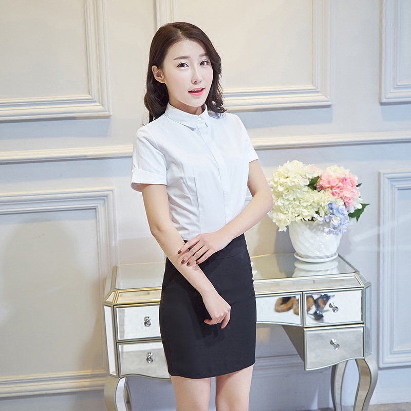 雅明仕职业白衬衫女短袖正装小领夏季修身ol工作服清新白色衬衣