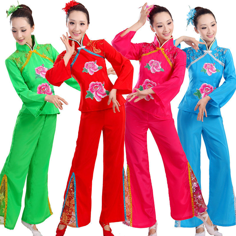 2015牡丹秧歌服装民族舞蹈演出服装女装舞台表演服饰扇子腰鼓服装