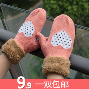 手套全指秋冬季加厚绒保暖女韩版潮冬天爱心骑车可爱毛线针织手套