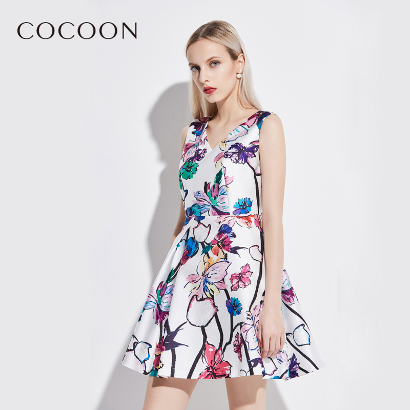 COCOON/可可尼夏裝新品女裝彩繪圓領印花無袖修身連衣裙