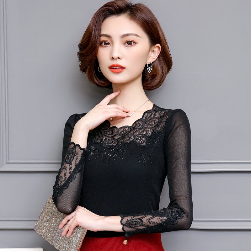 蕾丝打底衫女长袖2025秋装新款百搭韩版网纱上衣低领短款亮丝T恤
