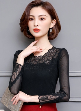 蕾丝打底衫女长袖2025秋装新款百搭韩版小衫网纱上衣低领亮丝T恤