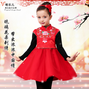 女童新年唐装儿童旗袍中大童刺绣马甲裙外穿演出服裙女孩过年装冬
