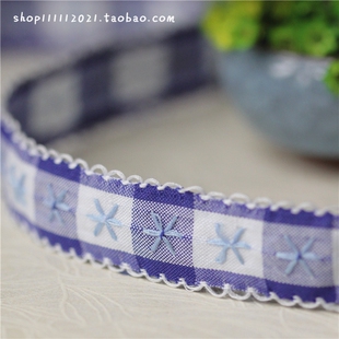 蓝白色格子民族绣花朵花边服装 饰织带纯棉质宽2.3CM 辅料缝纫装