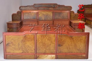 红木古典家具/缅甸黄花梨嵌金丝楠木双人床/母子高低床/实木原木