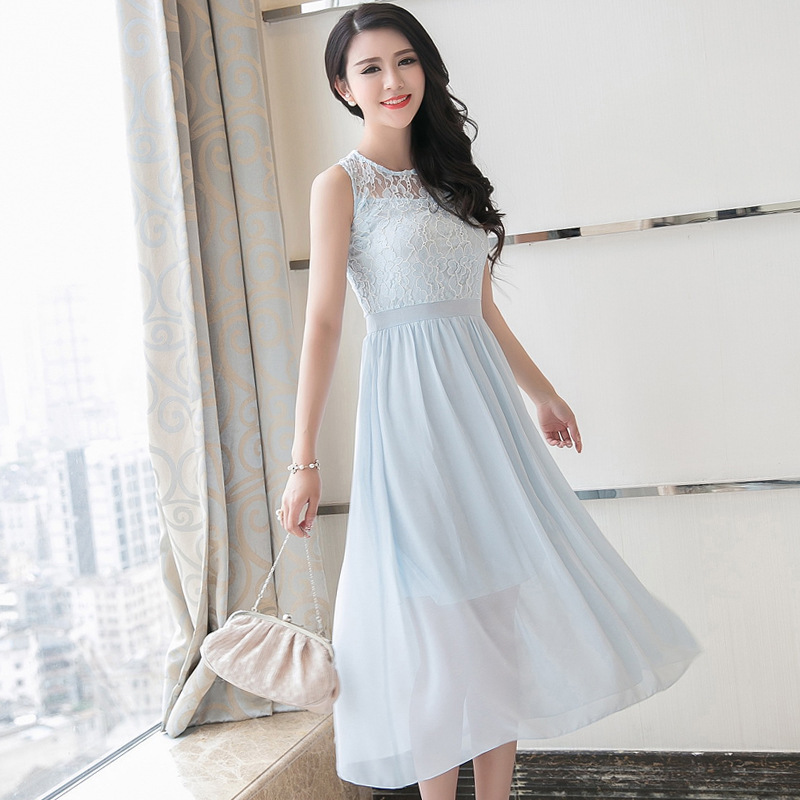 初夏 新款连衣裙韩版雪纺无袖显瘦气质连衣裙女度假长裙中长裙