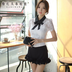 Female shirt short sleeve pink doll summer 2015 ladies slim lace bow blouse shirt