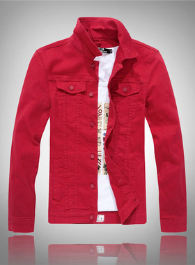 【天天特价】韩版牛仔夹克男修身长袖牛仔外套男士红色水洗牛仔衣