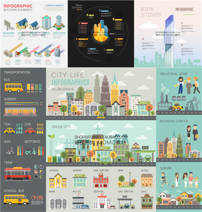 A3088矢量扁平化信息图城市建筑物房屋大楼交通生活 AI设计素材