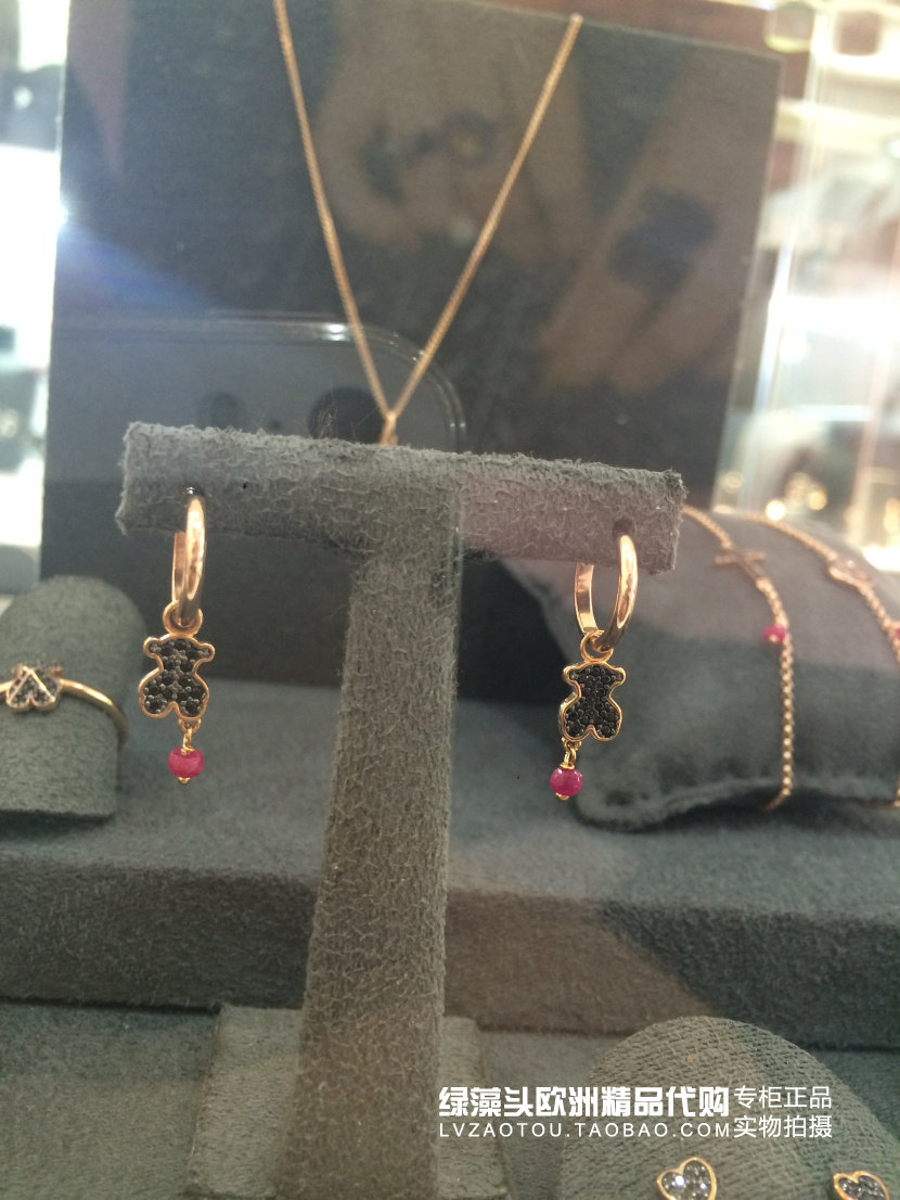 西班牙轻奢品牌tous桃丝熊 经典款小熊红宝石银镀玫瑰金耳环 耳饰