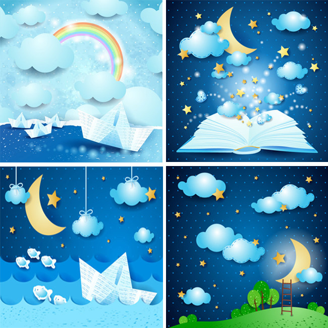 卡通星空小船矢量贴纸儿童背景墙面装饰儿童节日封面eps素材272