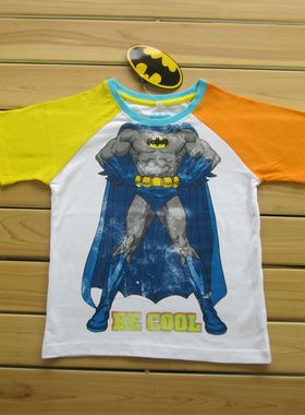 漫威英雄漫画人物卡通纯棉短袖T恤 黄橙色叉肩  儿童男宝纯棉T