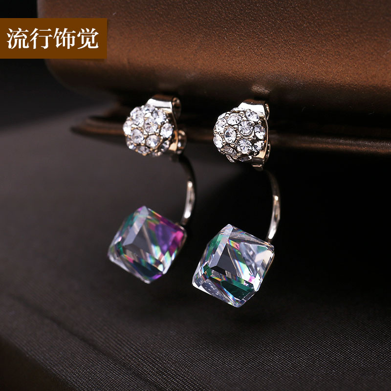包邮立体水钻炫彩水立方极光方糖后挂式耳环简约韩国时尚气质女