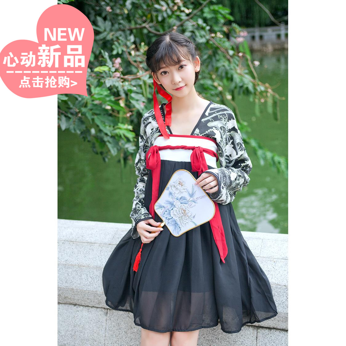 玉兔齐胸襦裙汉服日常汉元素花纹复古风典雅学生班服套装连衣裙女