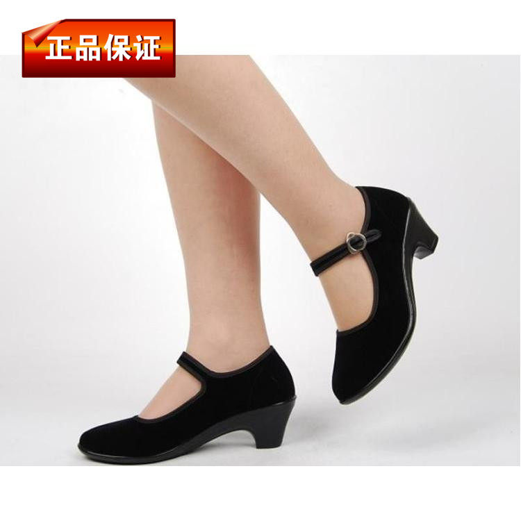 老北京布鞋平绒舒适工作鞋女鞋 礼仪鞋舞蹈鞋黑红布鞋 粗高跟单鞋