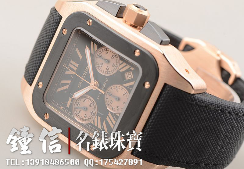 已售出【98新】卡地亚玫瑰金山度士100计时最大号自动机械男表W2020003