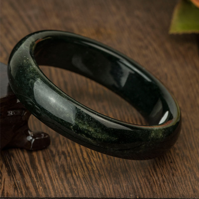 钰达和田玉手镯宽边个性玉镯 经典圆镯手串墨绿色玉镯子手环 dp2