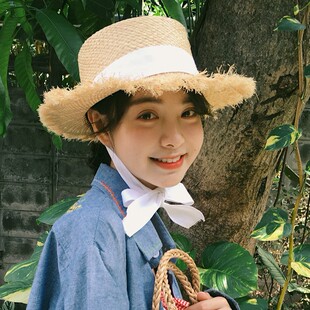 晚晚智仙生同款拉菲草帽女夏小清新文艺度假遮阳海滩帽毛边绑带帽