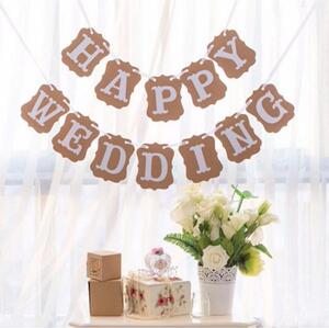 新款复古牛皮纸拉花HAPPY WEDDING字母彩旗婚房装饰 婚礼用品