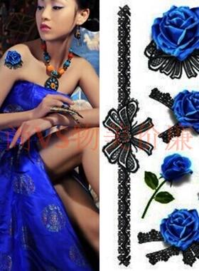 3d新款女款纹身贴纸蓝色玫瑰花胸口肩膀暂时性纹身满18包邮