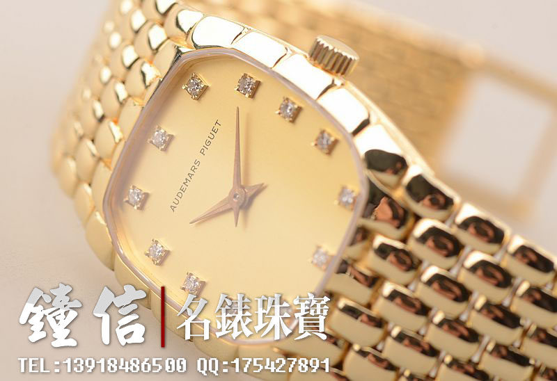 已售出【97新】AP爱彼奢华全黄金钻石刻度超薄手上链女表