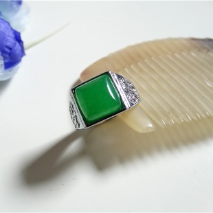 正品马来玉925银电镀白金绿宝石开运转运桃花运大戒面玉戒指男款