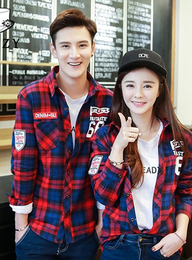 21春装新款qlz衬衫情侣格子衬衣韩版修身舒适男女休闲薄寸衫红色