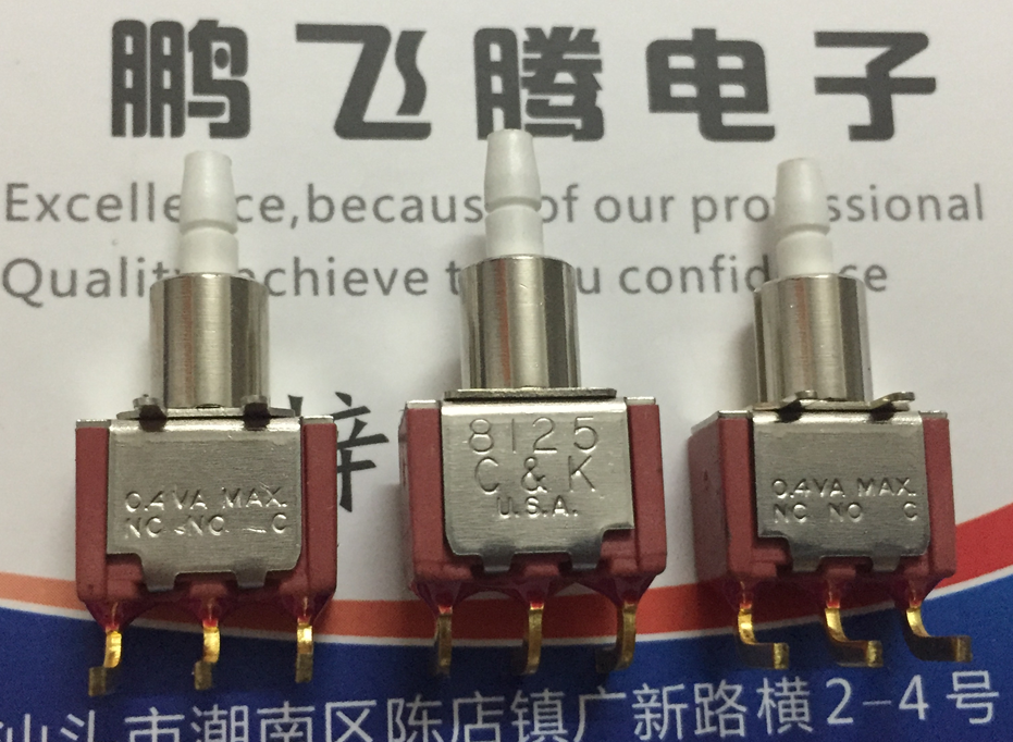 原装美国C&k 8125 0.4VA微型弯脚3脚钮子按钮开关 卧式侧按复位按键轻触 镀金脚 这些瞬时型咬接式按钮开关均具有瞬时“接通”触点 应用： 仪器仪表 计算机外围设备 电信设备 瞬时型按钮开关 柱塞3.1mm 直径7mm ON-ON 一盒60PCS 8125MD9ABF 详细资料尺寸图