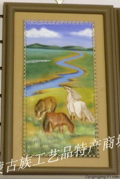 蒙古工艺品/艺术装饰画/纯手工工艺蒙古牛皮画/52*86cm/三马图