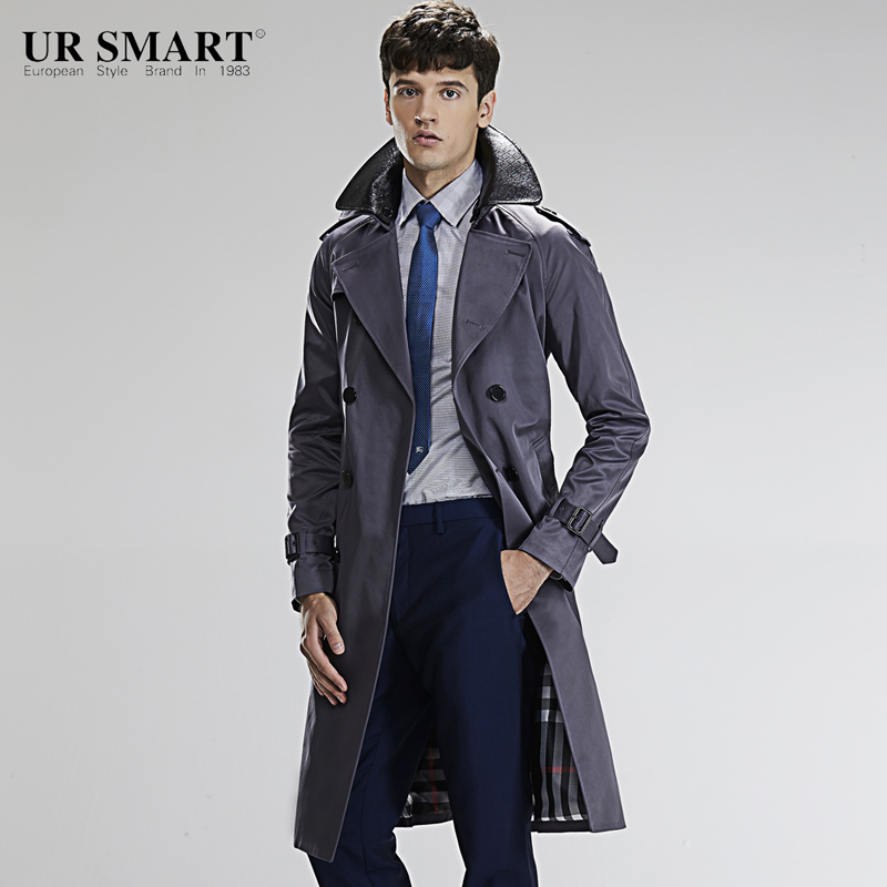 ×ݺáËĺ£URSMART³¬³¤¿îË«Áì·À·çÓêÄÐÊ¿·çÒÂË«ÅÅ¿ÛÊøÑü»ÒÉ«ÄзçÒÂ