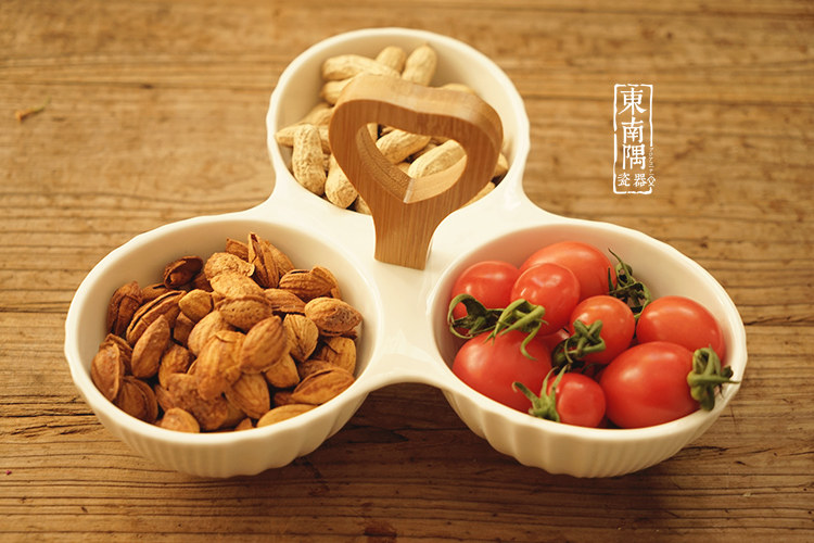 纯白陶瓷多格分格一体手拎早餐下午茶干果盘 茶楼饭厅 早餐果盘