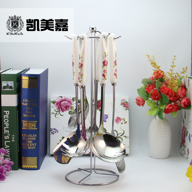 凯美嘉厨房烹饪套装锅铲防烫厨具陶瓷柄不锈钢铲勺七件套漏勺汤勺