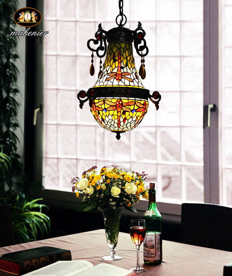 玄关门厅过道走廊楼梯吧台蒂凡尼蜻蜓子母吊灯  酒吧会所彩色玻璃
