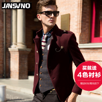 杰诗威诺羊毛呢大衣男士短款青年冬季商务休闲酒红色呢子男装外套