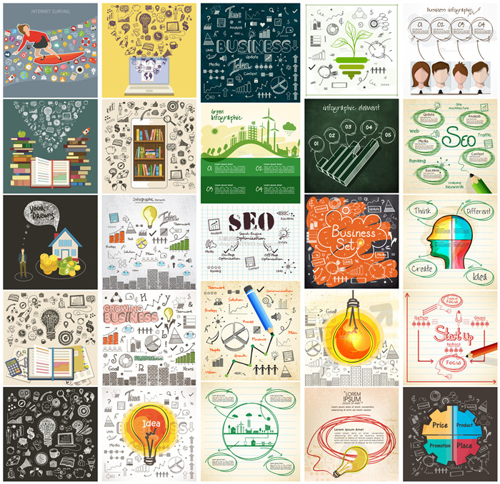 矢量设计素材 手绘铅笔画信息图模板SEO图标商务金融互联网 EPS