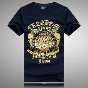 新款潮货夏装哈雷机车骷髅恶魔短袖高品质烫金刺绣鬼头男纯棉T恤