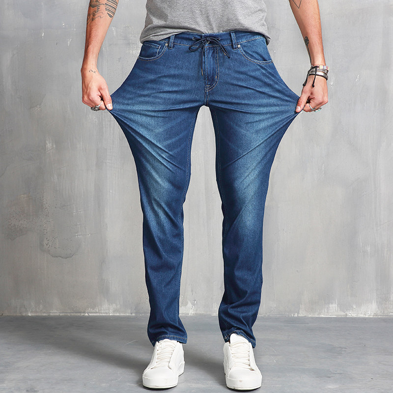 针织弹力复古牛仔裤男夏季薄款宽松直筒男士大码精神小伙小脚长裤