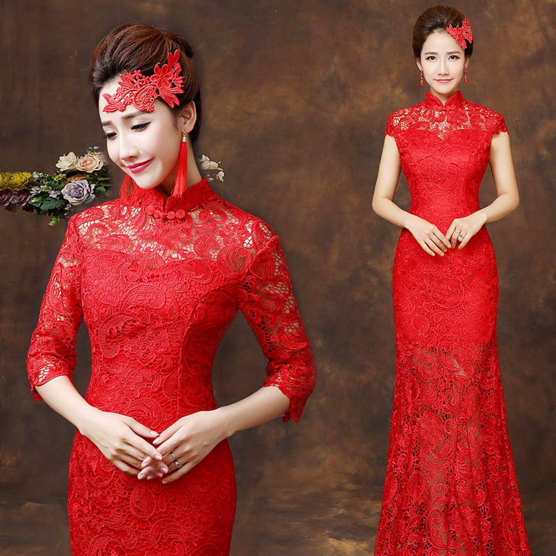 新娘敬酒服旗袍2017新款春季红色长款中式结婚礼服长袖修身显瘦女