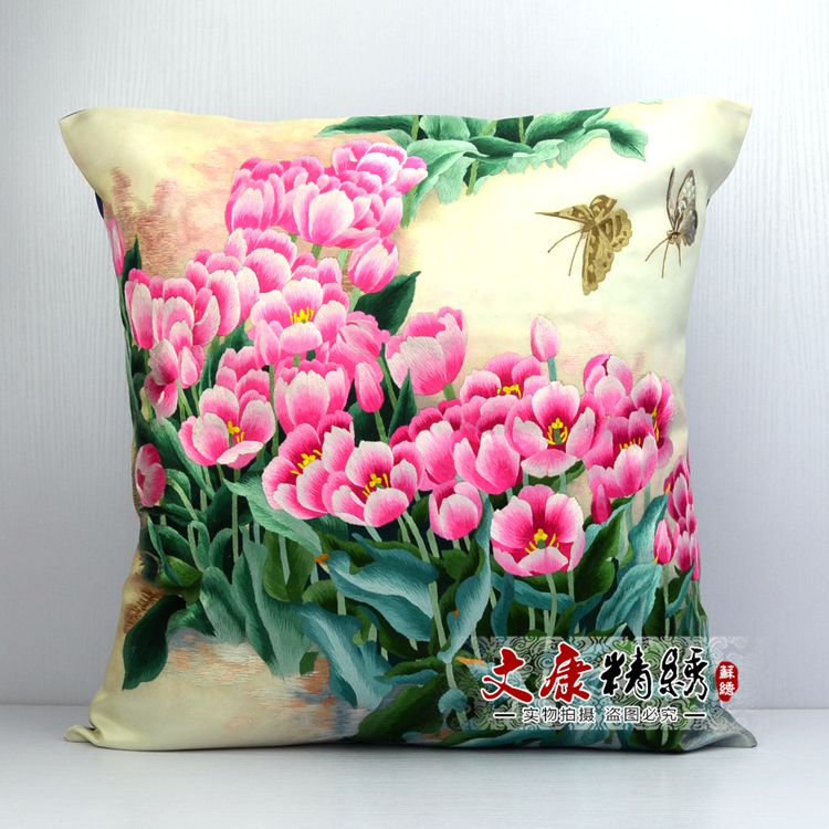 高端奢华手工精品绣花抱枕靠垫套郁金香苏绣成品苏州刺绣客户礼品