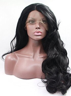 欧美韩范黑色假发套前蕾丝手工编织 中分长卷发 化纤假发