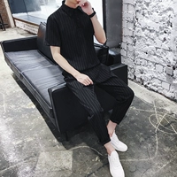 Bộ đồ nam giản dị mùa hè Hàn Quốc áo thun ngắn tay Áo sọc mỏng thủy triều mỏng phần chín quần hai bộ 95 - Áo áo sơ mi thời trang