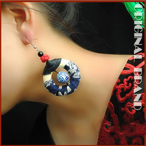 夸张民族风饰品青花瓷布艺耳环圆圈耳坠女复古女人味无耳洞防过敏
