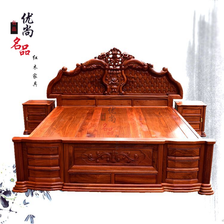 红木家具 缅甸花梨木雕花欧式床卧室家具套装组合双人实木红木床