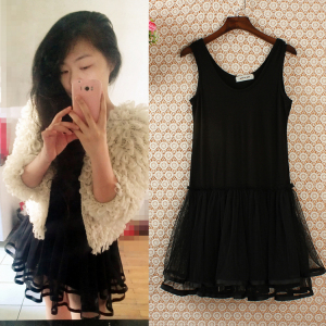 春秋季新款韩版莫代尔拼网纱吊带蕾丝连衣裙蓬蓬裙背心裙打底裙女