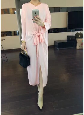 春夏新宽松有范灯笼裙显瘦系带打结设计开叉绉纹真丝连衣裙高端