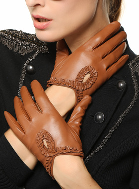 WARMEN真皮手套女士薄款 时尚花边真皮手套 L097N